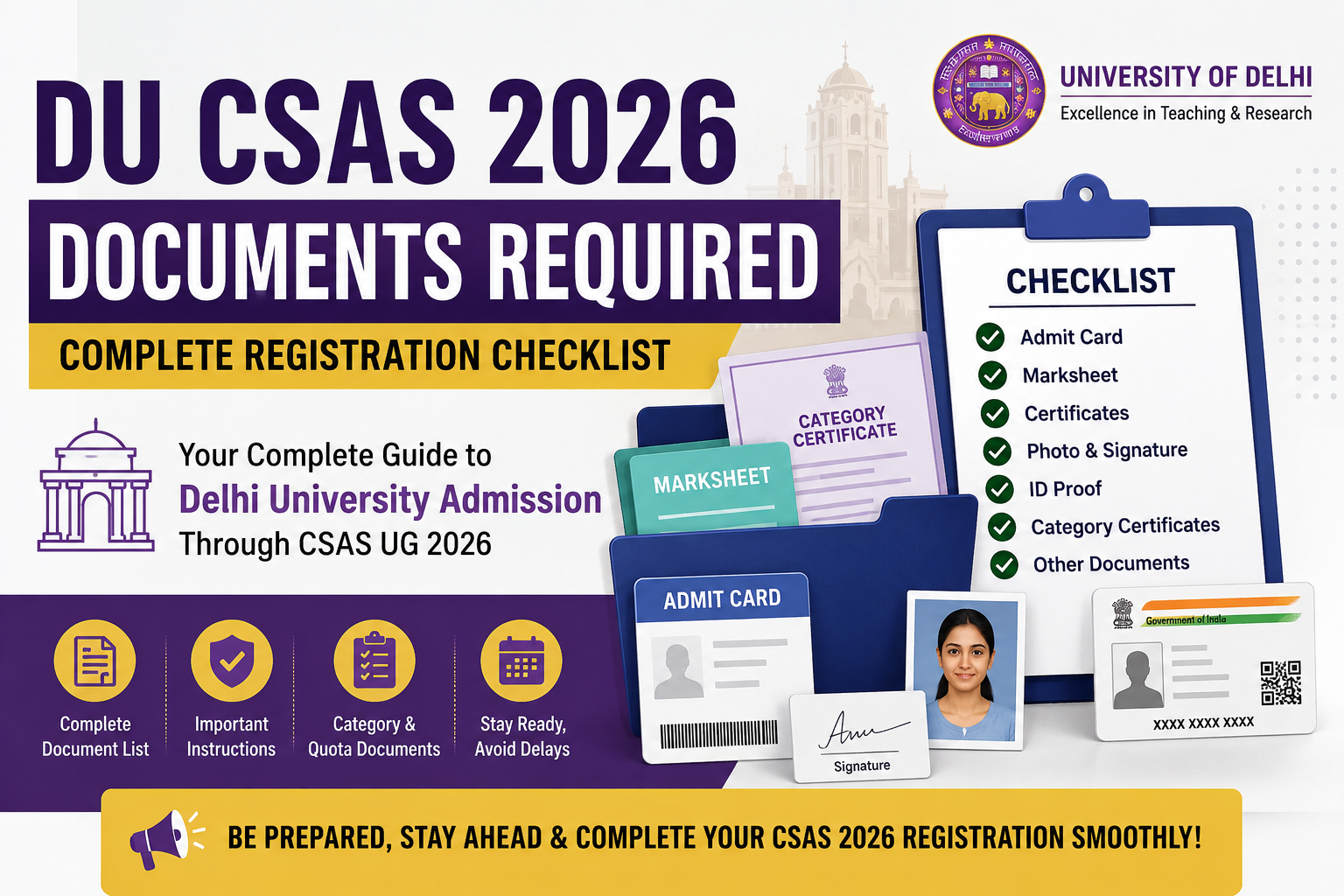 DU CSAS 2026 Documents Required Complete Registration Checklist for Delhi University Admission